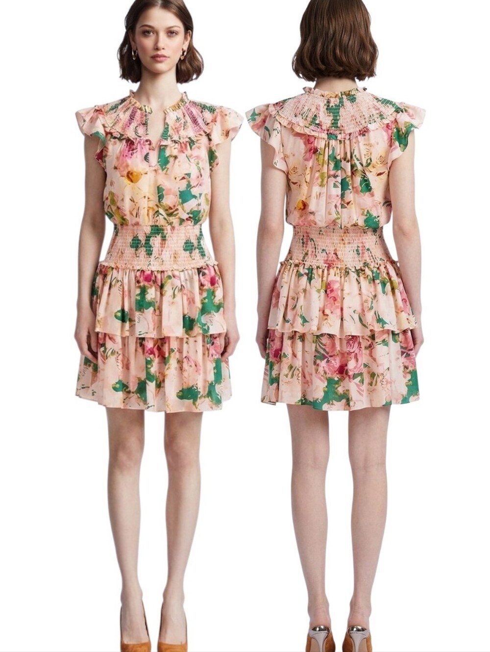 BCBGMAXAZRIA Floral Print Ruffled Mini Dress - Size M